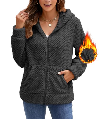 ABINGOO Damen Plüsch Reißverschluss Kapuzenpullover Casual Warm Teddy-Fleece Winter Oberteil Langarm Sweatshirt Fleecejacke Hoodie Mit Taschen(Grau,S) von ABINGOO