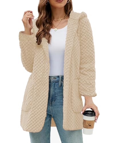 ABINGOO Damen Plüschjacke Einfarbig Winterjacke Fleecemantel Kapuzenjacke Oberteile Strickjacke Hoodie Warm Cardigan mit Taschen(Beige,L) von ABINGOO