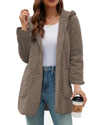 ABINGOO Damen Plüschjacke Einfarbig Winterjacke Fleecemantel Kapuzenjacke Oberteile Strickjacke Hoodie Warm Cardigan mit Taschen(Braun,L) von ABINGOO