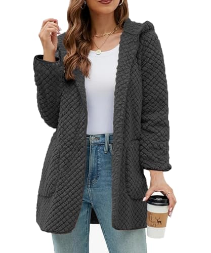 ABINGOO Damen Plüschjacke Einfarbig Winterjacke Fleecemantel Kapuzenjacke Oberteile Strickjacke Hoodie Warm Cardigan mit Taschen(Grau,L) von ABINGOO