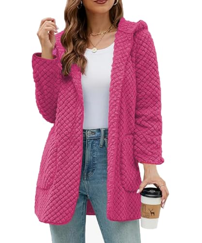 ABINGOO Damen Plüschjacke Einfarbig Winterjacke Fleecemantel Kapuzenjacke Oberteile Strickjacke Hoodie Warm Cardigan mit Taschen(Rosa,L) von ABINGOO