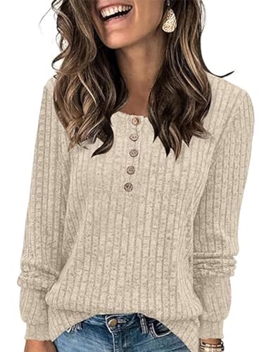 ABINGOO Damen Pullover Lässige Sweater Leichtes Henley Shirt Rundhals Herbst Strickpullover Einfarbig Langarm Locker Basic Tunika Tops(Beige,L) von ABINGOO