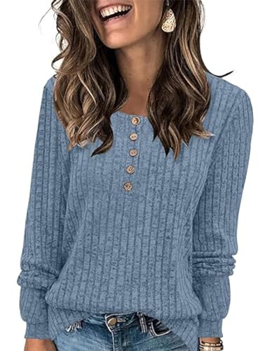 ABINGOO Damen Pullover Lässige Sweater Leichtes Henley Shirt Rundhals Herbst Strickpullover Einfarbig Langarm Locker Basic Tunika Tops(Blau,M) von ABINGOO