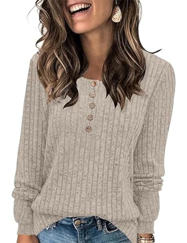 ABINGOO Damen Pullover Lässige Sweater Leichtes Henley Shirt Rundhals Herbst Strickpullover Einfarbig Langarm Locker Basic Tunika Tops(Cremefarben,XXL) von ABINGOO