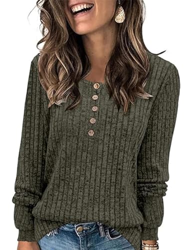 ABINGOO Damen Pullover Lässige Sweater Leichtes Henley Shirt Rundhals Herbst Strickpullover Einfarbig Langarm Locker Basic Tunika Tops(Grün,XL) von ABINGOO