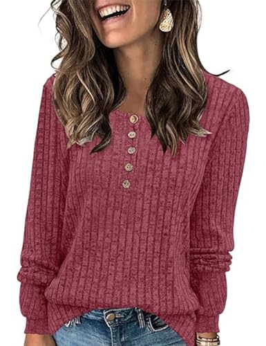 ABINGOO Damen Pullover Lässige Sweater Leichtes Henley Shirt Rundhals Herbst Strickpullover Einfarbig Langarm Locker Basic Tunika Tops(Rot,L) von ABINGOO