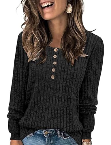 ABINGOO Damen Pullover Lässige Sweater Leichtes Henley Shirt Rundhals Herbst Strickpullover Einfarbig Langarm Locker Basic Tunika Tops(Schwarz,S) von ABINGOO