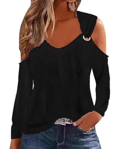ABINGOO Damen Schulterfrei Oberteile Tops V-Ausschnitt Langarm Shirts Bedruckte Bluse Lässiges Tunika Freizeit Longshirt(Black,XL) von ABINGOO