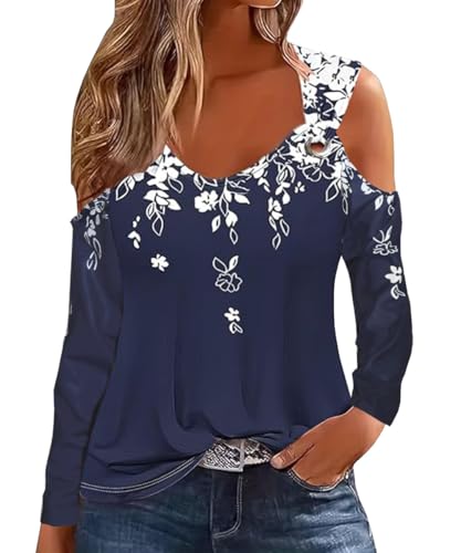 ABINGOO Damen Schulterfrei Oberteile Tops V-Ausschnitt Langarm Shirts Bedruckte Bluse Lässiges Tunika Freizeit Longshirt(Dark Blue Flower,M) von ABINGOO