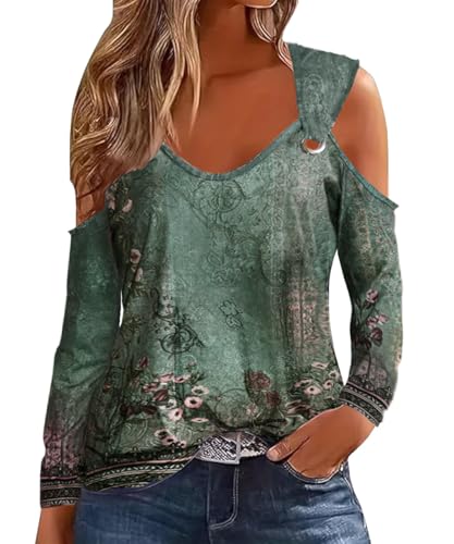 ABINGOO Damen Schulterfrei Oberteile Tops V-Ausschnitt Langarm Shirts Bedruckte Bluse Lässiges Tunika Freizeit Longshirt(Green Flower,S) von ABINGOO