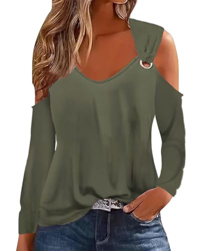 ABINGOO Damen Schulterfrei Oberteile Tops V-Ausschnitt Langarm Shirts Bedruckte Bluse Lässiges Tunika Freizeit Longshirt(Military Green,S) von ABINGOO