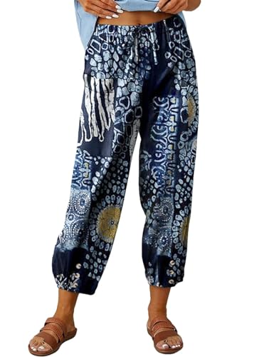 ABINGOO Damen Sommerhose Hohe Taille Lange Hosen Lose Leichte Leinenhose Lässige Einfarbig Freizeithose Boho Strandhose mit Elastischem Kordelzug und Taschen(A-Blau,XL) von ABINGOO