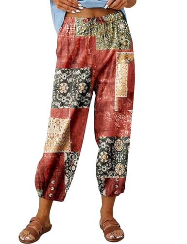 ABINGOO Damen Sommerhose Hohe Taille Lange Hosen Lose Leichte Leinenhose Lässige Einfarbig Freizeithose Boho Strandhose mit Elastischem Kordelzug und Taschen(A-Rot,S) von ABINGOO