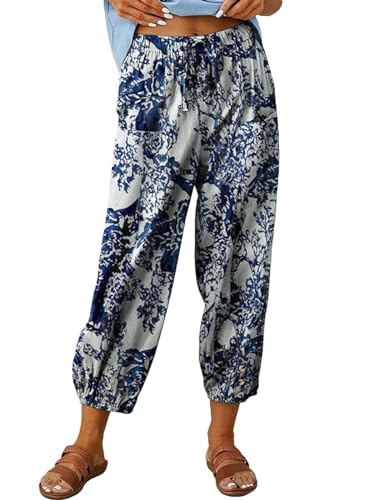 ABINGOO Damen Sommerhose Hohe Taille Lange Hosen Lose Leichte Leinenhose Lässige Einfarbig Freizeithose Boho Strandhose mit Elastischem Kordelzug und Taschen(A-Weiß,S) von ABINGOO