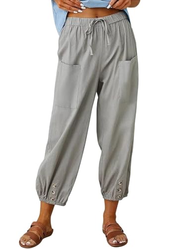 ABINGOO Damen Sommerhose Hohe Taille Lange Hosen Lose Leichte Leinenhose Lässige Einfarbig Freizeithose Boho Strandhose mit Elastischem Kordelzug und Taschen(Z-Grau,L) von ABINGOO