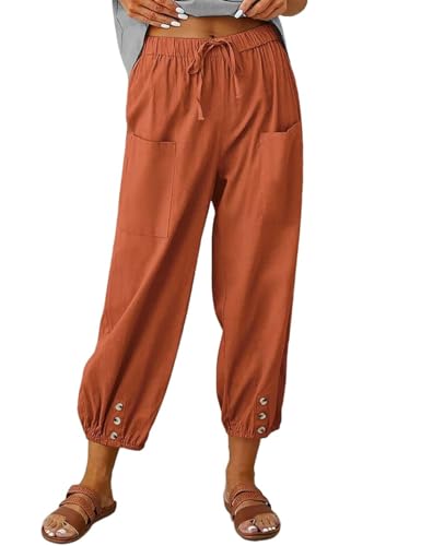 ABINGOO Damen Sommerhose Hohe Taille Lange Hosen Lose Leichte Leinenhose Lässige Einfarbig Freizeithose Boho Strandhose mit Elastischem Kordelzug und Taschen(Z-Rot,XL) von ABINGOO