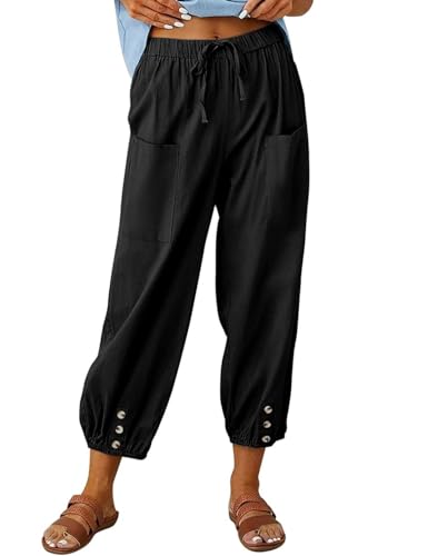 ABINGOO Damen Sommerhose Hohe Taille Lange Hosen Lose Leichte Leinenhose Lässige Einfarbig Freizeithose Boho Strandhose mit Elastischem Kordelzug und Taschen(Z-Schwarz,XL) von ABINGOO
