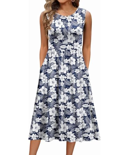 ABINGOO Damen Sommerkleid Ärmellos Midi Blumenmuster Leicht und Luftig Kleid Hohe Taille A-Linie Tankkleid Lang Strandkleid Freizeitkleider mit Taschen (Blau,L) von ABINGOO