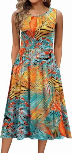 ABINGOO Damen Sommerkleid Ärmellos Midi Blumenmuster Leicht und Luftig Kleid Hohe Taille A-Linie Tankkleid Lang Strandkleid Freizeitkleider mit Taschen (Gelb,L) von ABINGOO