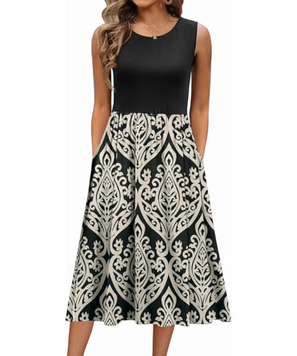 ABINGOO Damen Sommerkleid Ärmellos Midi Blumenmuster Leicht und Luftig Kleid Hohe Taille A-Linie Tankkleid Lang Strandkleid Freizeitkleider mit Taschen (Z-Schwarz,M) von ABINGOO