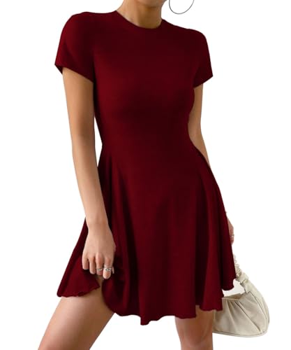 ABINGOO Damen Sommerkleid Elegant Kurz Einfarbig Minikleid Rundhals Hoher Taille A-Linie Swing T Shirt Kleid Freizeitkleid(Rot,L) von ABINGOO