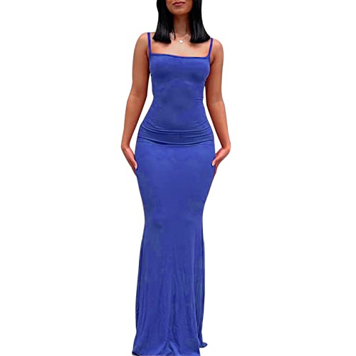 ABINGOO Damen Spaghettiträger Figurbetontes Ärmellos Lange Einfarbig Slip Kleid Skims Maxikleid Fischschwanzkleider Cocktail Partykleid(Blau,M) von ABINGOO