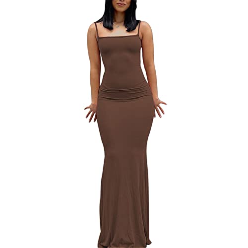 ABINGOO Damen Spaghettiträger Figurbetontes Ärmellos Lange Einfarbig Slip Kleid Skims Maxikleid Fischschwanzkleider Cocktail Partykleid(Braun,XL) von ABINGOO