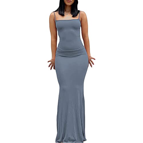 ABINGOO Damen Spaghettiträger Figurbetontes Ärmellos Lange Einfarbig Slip Kleid Skims Maxikleid Fischschwanzkleider Cocktail Partykleid(Grau,XL) von ABINGOO