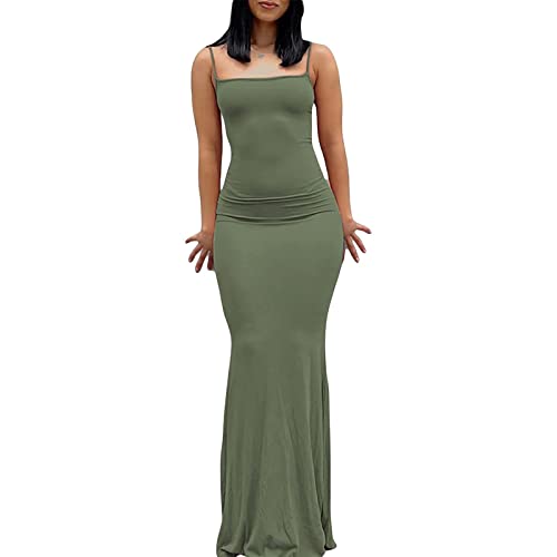 ABINGOO Damen Spaghettiträger Figurbetontes Ärmellos Lange Einfarbig Slip Kleid Skims Maxikleid Fischschwanzkleider Cocktail Partykleid(Grün,L) von ABINGOO