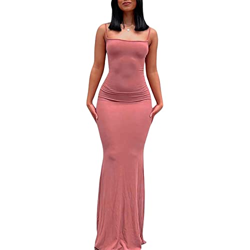 ABINGOO Damen Spaghettiträger Figurbetontes Ärmellos Lange Einfarbig Slip Kleid Skims Maxikleid Fischschwanzkleider Cocktail Partykleid(Rosa,M) von ABINGOO