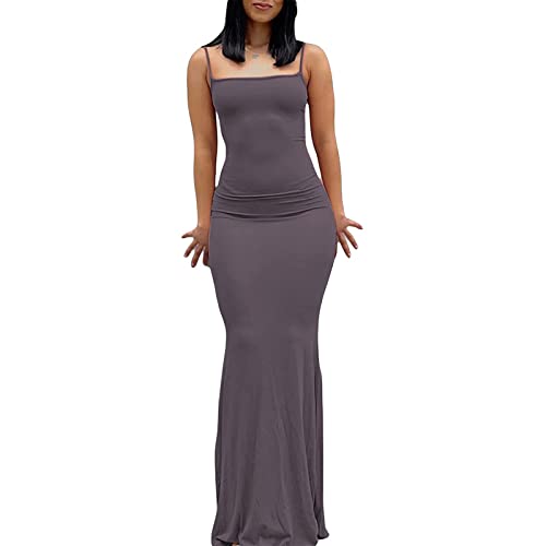 ABINGOO Damen Spaghettiträger Figurbetontes Ärmellos Lange Einfarbig Slip Kleid Skims Maxikleid Fischschwanzkleider Cocktail Partykleid(Violett,M) von ABINGOO