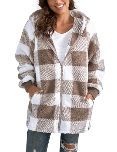 ABINGOO Damen Teddy Fleece Mantel Kariert Warm Winterjacke Kapuzenjacke Flauschig Plüschjacke Reißverschluss Sweatshirt mit Kapuze und Taschen(Beige,XXL) von ABINGOO