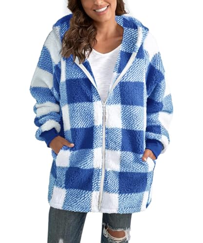 ABINGOO Damen Teddy Fleece Mantel Kariert Warm Winterjacke Kapuzenjacke Flauschig Plüschjacke Reißverschluss Sweatshirt mit Kapuze und Taschen(Blau,S) von ABINGOO