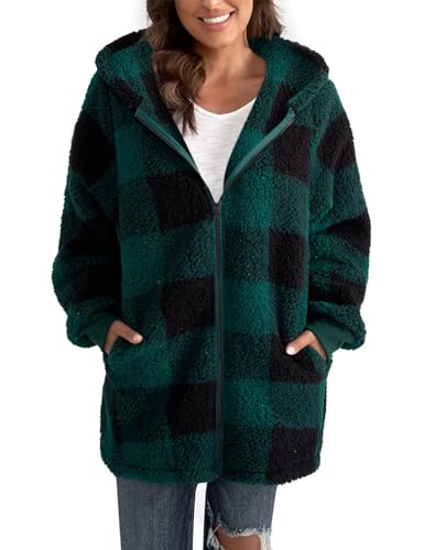 ABINGOO Damen Teddy Fleece Mantel Kariert Warm Winterjacke Kapuzenjacke Flauschig Plüschjacke Reißverschluss Sweatshirt mit Kapuze und Taschen(Grün,S) von ABINGOO