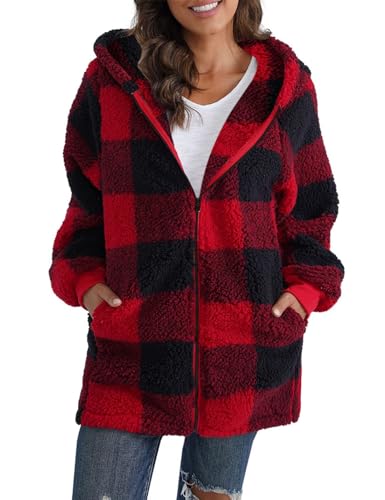 ABINGOO Damen Teddy Fleece Mantel Kariert Warm Winterjacke Kapuzenjacke Flauschig Plüschjacke Reißverschluss Sweatshirt mit Kapuze und Taschen(Rot,S) von ABINGOO