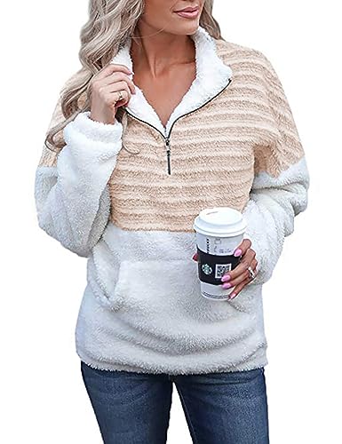 ABINGOO Damen Teddy Fleece Pullover Plüsch Stehkragen Winter Warm Hoodie Flauschig Sweatshirt Fuzzy Oberteile mit 1/4 Ausschnitt Reißverschluss(Beige,XXL) von ABINGOO