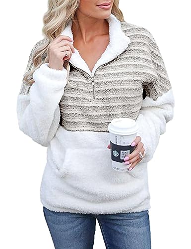 ABINGOO Damen Teddy Fleece Pullover Plüsch Stehkragen Winter Warm Hoodie Flauschig Sweatshirt Fuzzy Oberteile mit 1/4 Ausschnitt Reißverschluss(Bronze,L) von ABINGOO