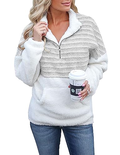 ABINGOO Damen Teddy Fleece Pullover Plüsch Stehkragen Winter Warm Hoodie Flauschig Sweatshirt Fuzzy Oberteile mit 1/4 Ausschnitt Reißverschluss(Grau,S) von ABINGOO