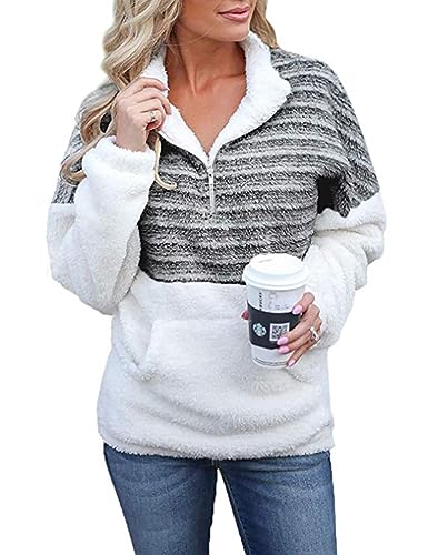 ABINGOO Damen Teddy Fleece Pullover Plüsch Stehkragen Winter Warm Hoodie Flauschig Sweatshirt Fuzzy Oberteile mit 1/4 Ausschnitt Reißverschluss(Schwarz,XL) von ABINGOO