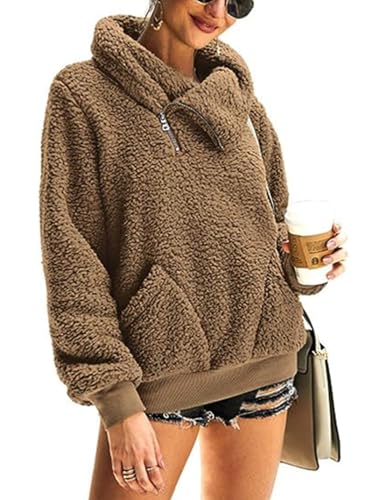 ABINGOO Damen Teddy Fleece Pullover Winterjacke Sweater Langarm Sweatshirt Winter Warm Weich Plüschjacke Kapuzenpullover mit Taschen(Bronze,M) von ABINGOO