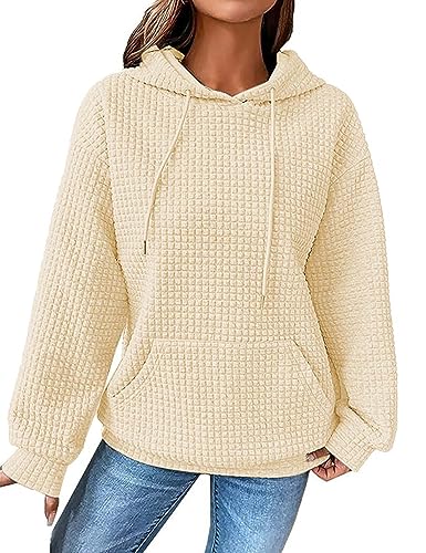 ABINGOO Damen Waffel Einfarbiges Kordelzug Kapuzenpullover Y2K Baggy Locker Pullover Leichte Drop Shoulder Hoodie mit Tasche(Beige,M) von ABINGOO