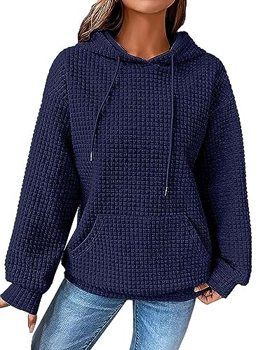 ABINGOO Damen Waffel Einfarbiges Kordelzug Kapuzenpullover Y2K Baggy Locker Pullover Leichte Drop Shoulder Hoodie mit Tasche(Blau,L) von ABINGOO