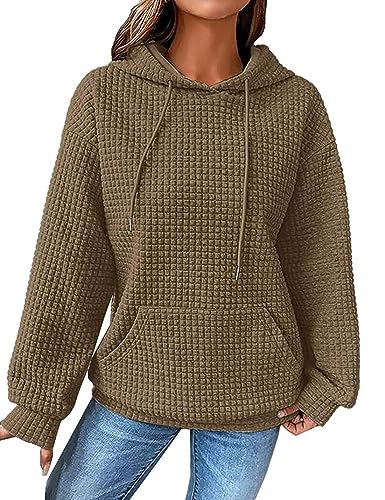 ABINGOO Damen Waffel Einfarbiges Kordelzug Kapuzenpullover Y2K Baggy Locker Pullover Leichte Drop Shoulder Hoodie mit Tasche(Braun,XXL) von ABINGOO