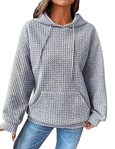 ABINGOO Damen Waffel Einfarbiges Kordelzug Kapuzenpullover Y2K Baggy Locker Pullover Leichte Drop Shoulder Hoodie mit Tasche(Grau,M) von ABINGOO