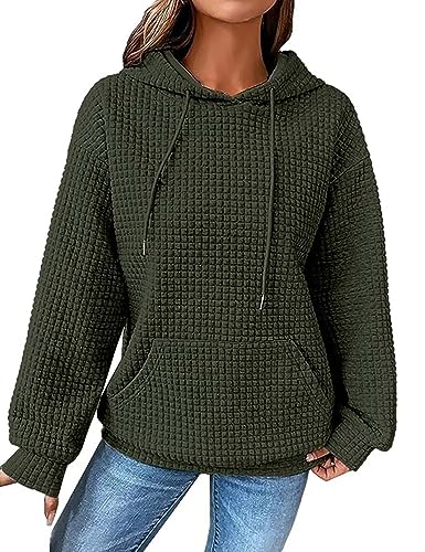 ABINGOO Damen Waffel Einfarbiges Kordelzug Kapuzenpullover Y2K Baggy Locker Pullover Leichte Drop Shoulder Hoodie mit Tasche(Grün,L) von ABINGOO