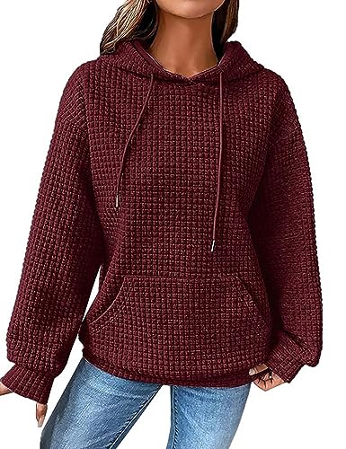 ABINGOO Damen Waffel Einfarbiges Kordelzug Kapuzenpullover Y2K Baggy Locker Pullover Leichte Drop Shoulder Hoodie mit Tasche(Rot,M) von ABINGOO