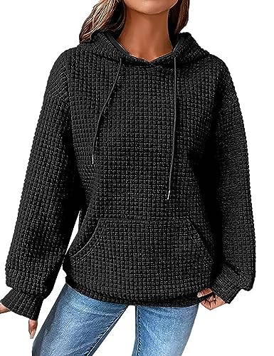 ABINGOO Damen Waffel Einfarbiges Kordelzug Kapuzenpullover Y2K Baggy Locker Pullover Leichte Drop Shoulder Hoodie mit Tasche(Schwarz,L) von ABINGOO