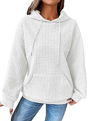 ABINGOO Damen Waffel Einfarbiges Kordelzug Kapuzenpullover Y2K Baggy Locker Pullover Leichte Drop Shoulder Hoodie mit Tasche(Weiß,L) von ABINGOO