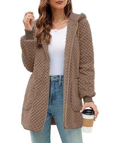 ABINGOO Damen Winterjacke Fleecejacke Lang Kapuzenjacke Teddyjacke Flauschig Plüschjacke Warm Reißverschluss Hoodie Kuscheljacke Wintermantel Mit Taschen(Braun,S) von ABINGOO