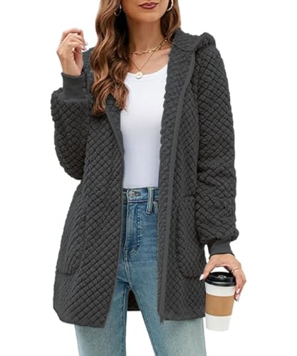 ABINGOO Damen Winterjacke Fleecejacke Lang Kapuzenjacke Teddyjacke Flauschig Plüschjacke Warm Reißverschluss Hoodie Kuscheljacke Wintermantel Mit Taschen(Grau,XL) von ABINGOO